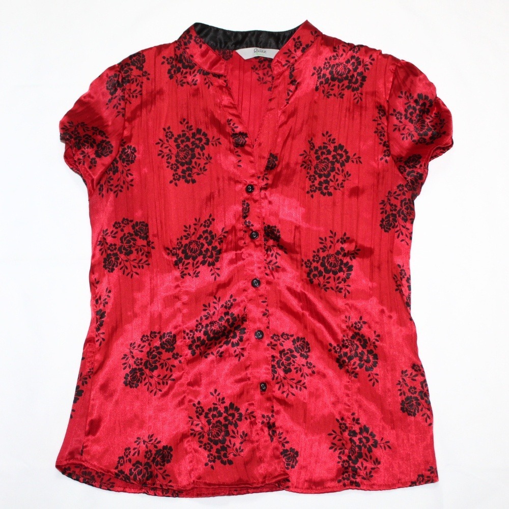 Y2K women's crinkled satin red black floral button down ruched short sleeve